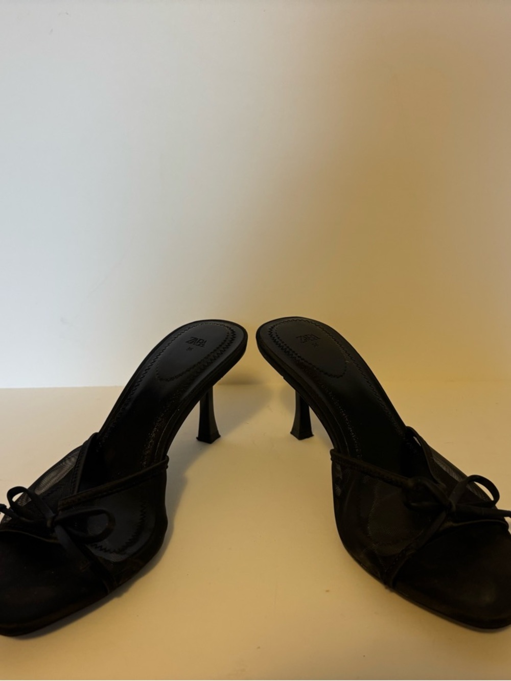 Zara Black Slip-On Mesh Top Heeled Mules with Bow Detail